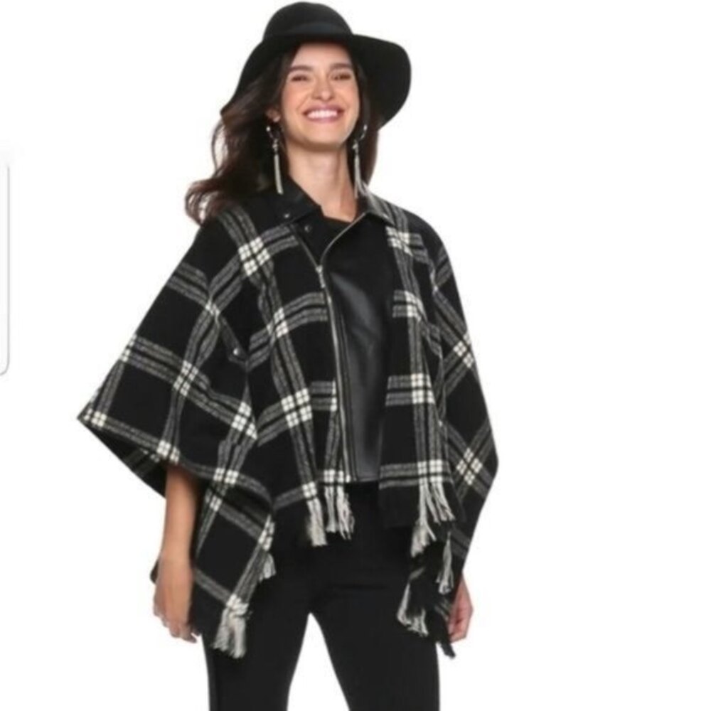 Rock & Republic Black and White Plaid Faux Leather Wool Blend Moto Poncho/Cape
